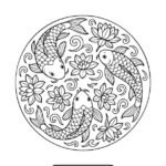 Printable mandala with koi fish and flowers for coloring