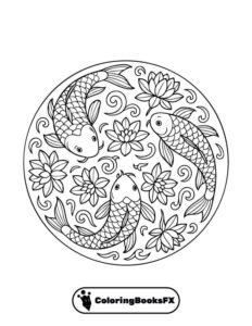 Printable mandala with koi fish and flowers for coloring