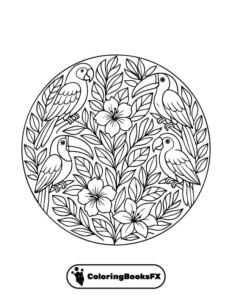 Tropical bird and exotic flower mandala coloring pageDiscover tropical biodiversity with this illustration of toucans, parrots, and exotic flowers in a mandala pattern. Detailed printable art A natural scene with perfect symmetry, ideal for relaxing coloring sessions. PDF drawing for adults Add this tropical piece to your collection and enjoy a moment of creative serenity.