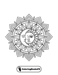Sun and moon mandala coloring page – printable spiritual design