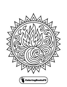 Fire and Water Mandala Coloring Page – Printable Design