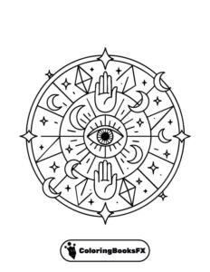 Mystical Mandala Coloring Page – Eye, Moons & Spiritual Symbols