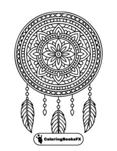 Dreamcatcher mandala coloring page with feathers