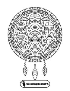 Mandala with tribal masks – Printable coloring page