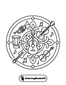 Musical mandala coloring page – Printable music instruments