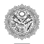 Musical flower mandala coloring page – Guitars & drums