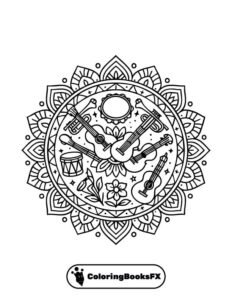 Musical flower mandala coloring page – Guitars & drums