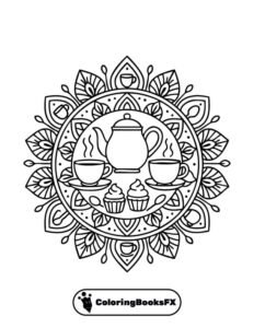 Tea and cupcakes mandala coloring page – Sweet moment