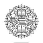Book and scroll mandala coloring page to printThis design displays writing elements like books, old scrolls and ink feathers. Perfect for home printing A drawing that encourages creativity while honoring the written word. Intellectual coloring inspiration Great for adults and teens who appreciate art and literature.