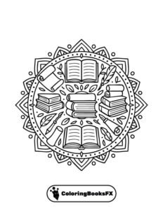 Book and scroll mandala coloring page to printThis design displays writing elements like books, old scrolls and ink feathers. Perfect for home printing A drawing that encourages creativity while honoring the written word. Intellectual coloring inspiration Great for adults and teens who appreciate art and literature.